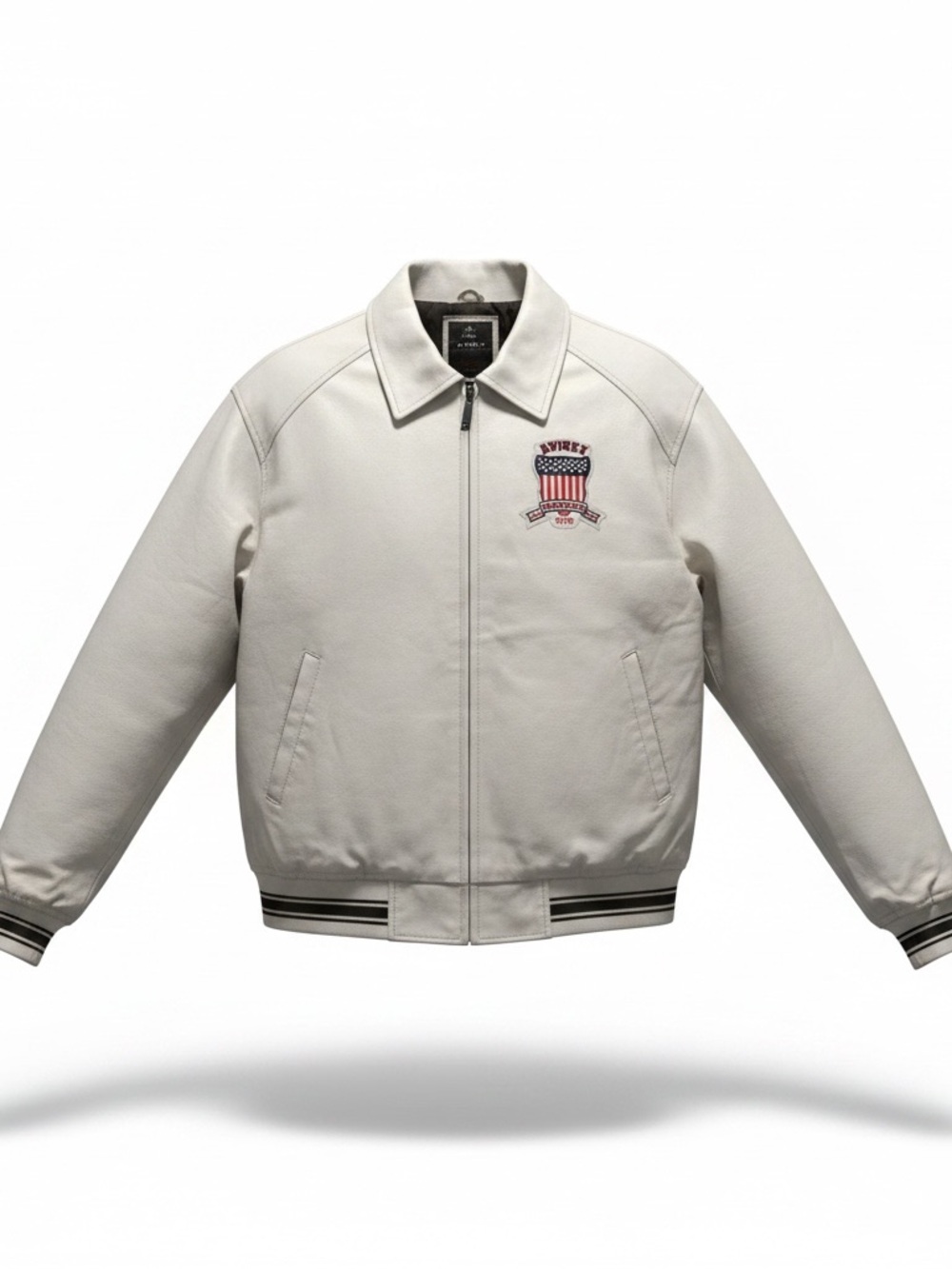 Avirex White Leather Bomber Jacket with American Shield Patch